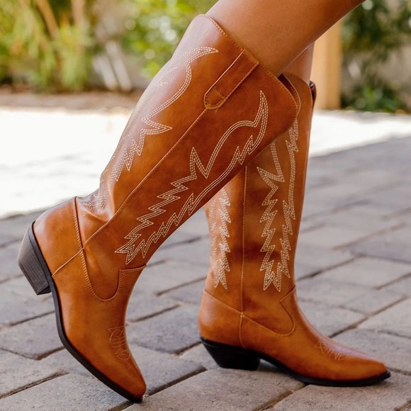 NEW๐ฅ Cognac Embroidered Cowboy Western Boots Knee High Low Block Heel Pull-On - Picture 2 of 7